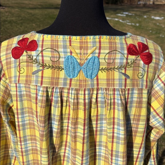 Sister Mary Yellow Blue Plaid Floral Embroidery BoHo 3/4 Sleeves Tunic Blouse Lg - Picture 8 of 11
